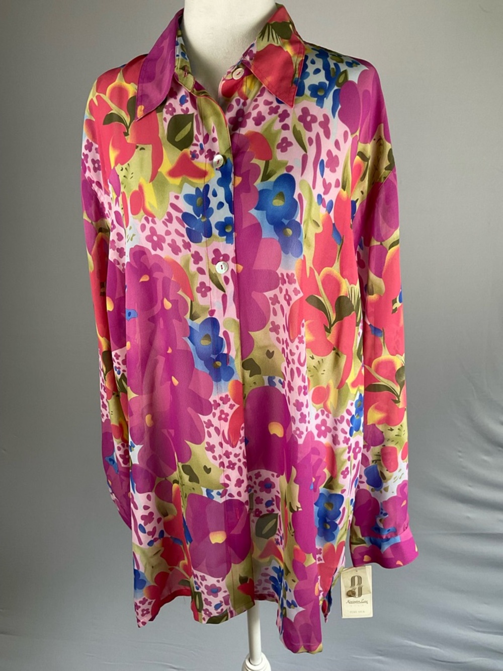 Kensington Lane Pure Silk Floral Blouse 2X Pink Resort Art Print Top NWT